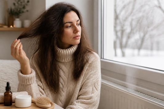 Woman practicing winter hair care with deep conditioning to combat seasonal dryness, breakage, and static, The Pixie Garden
