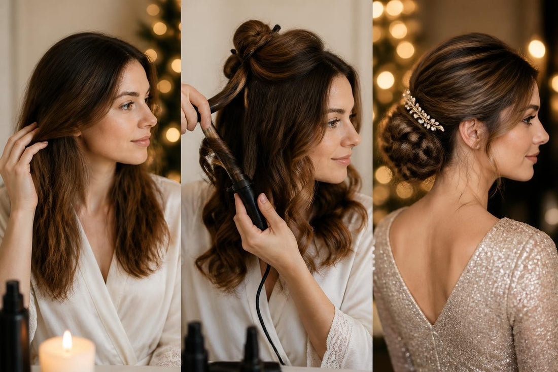 Woman with polished holiday party hairstyle, sleek low bun with accessories, styled by a cosmetologist, The Pixie Garden