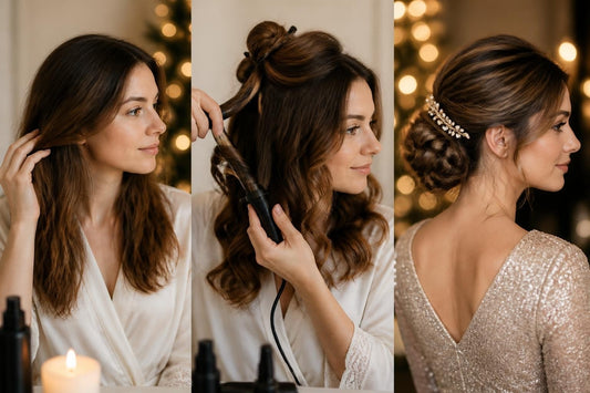 Woman with polished holiday party hairstyle, sleek low bun with accessories, styled by a cosmetologist, The Pixie Garden