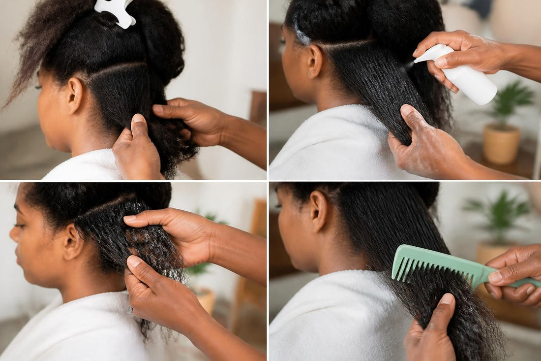 Cosmetologist detangling matted hair with a professional detangler spray and wide-tooth comb at The Pixie Garden
