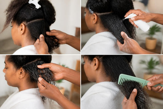 Cosmetologist detangling matted hair with a professional detangler spray and wide-tooth comb at The Pixie Garden