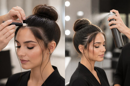 Cosmetologist smoothing flyaways with a finishing stick as a professional hairspray alternative for all-day hold at The Pixie Garden