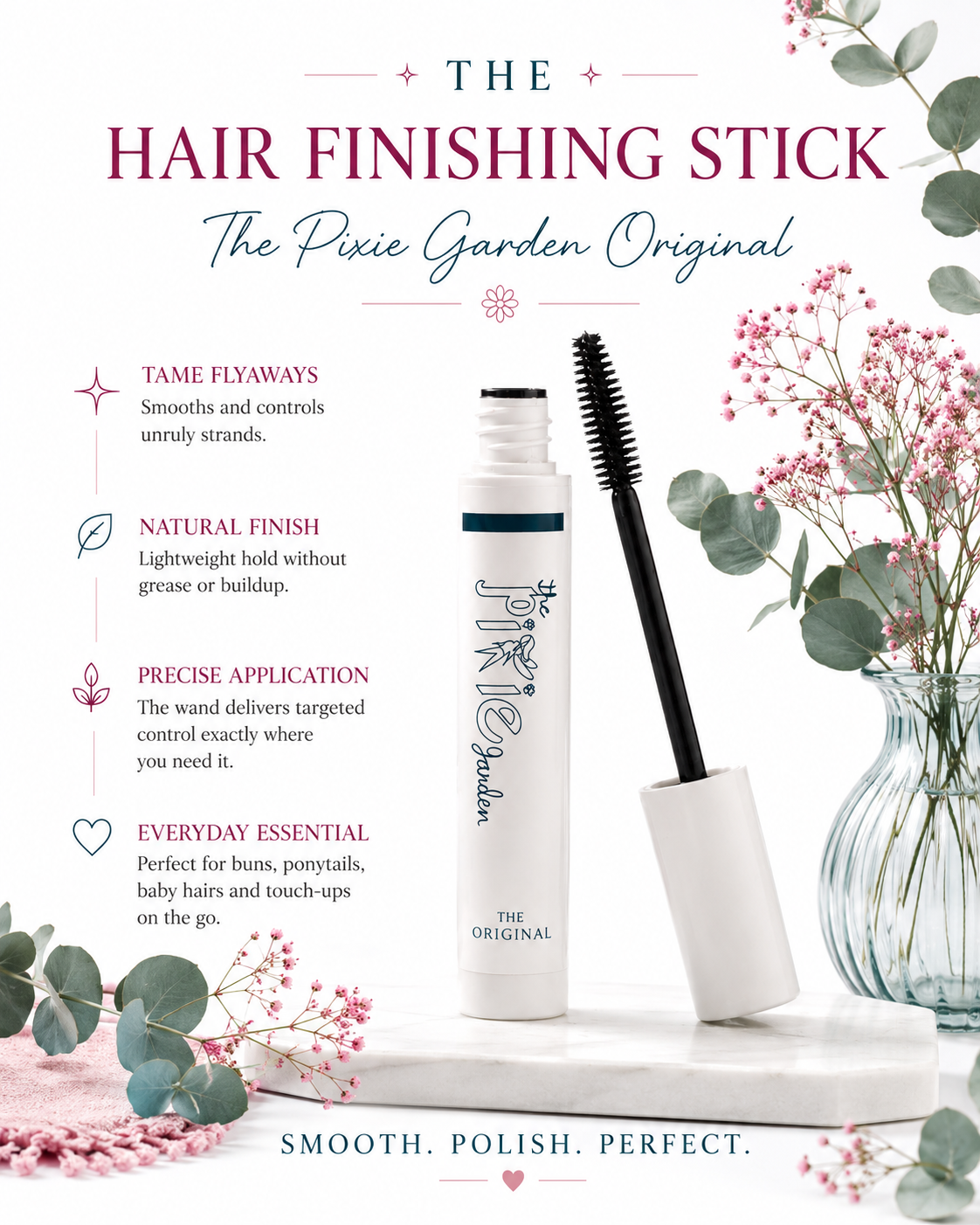 The Pixie Garden Hair Finishing Stick Original to tame fly aways and frizz