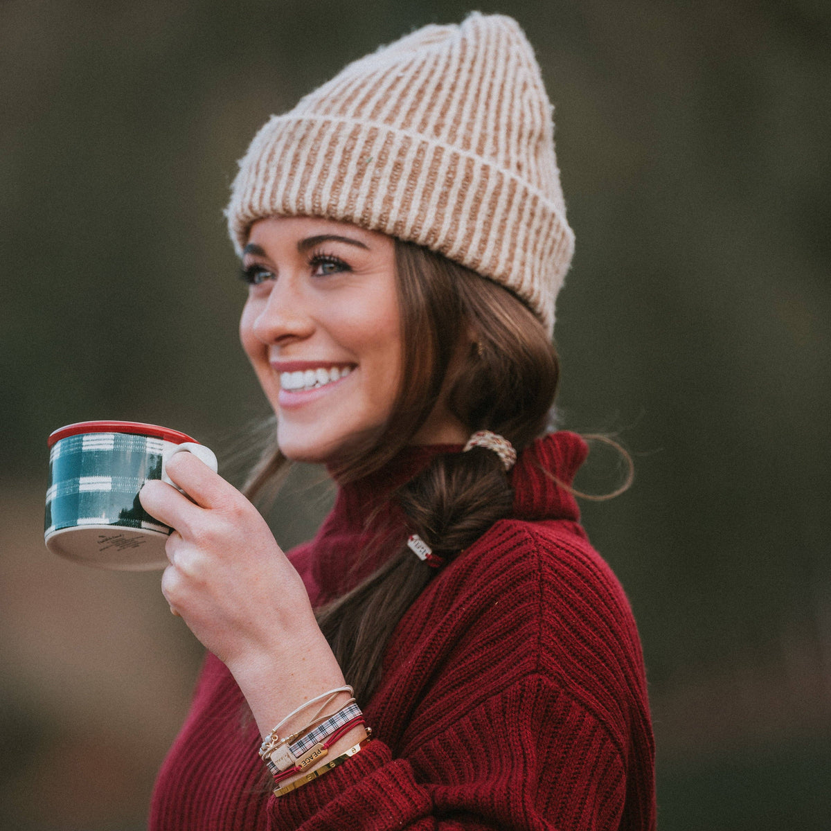 "Peace" Holiday Red & Cream Plaid with Gold Accents Hair Tie Bracelets: Small