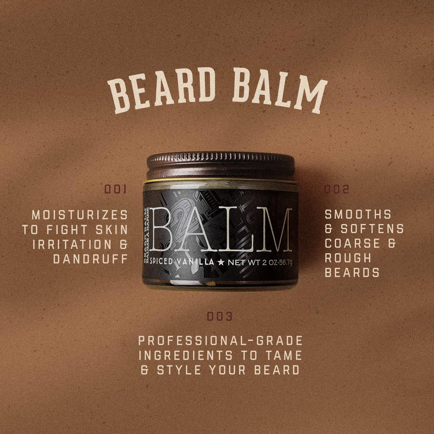 Jar of beard balm with text on a brown background
