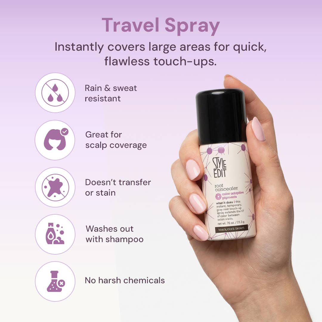 Hand holding a Style Edit travel root concealer spray with benefit callouts