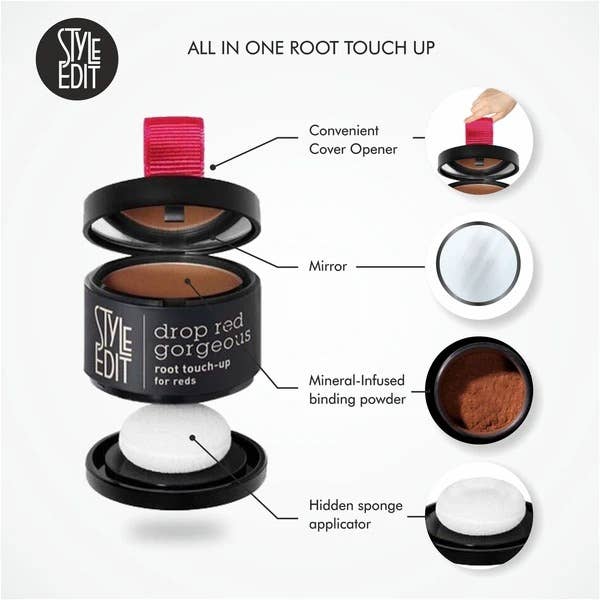 Diagram of the root touch-up compact showing the mirror, powder and hidden sponge