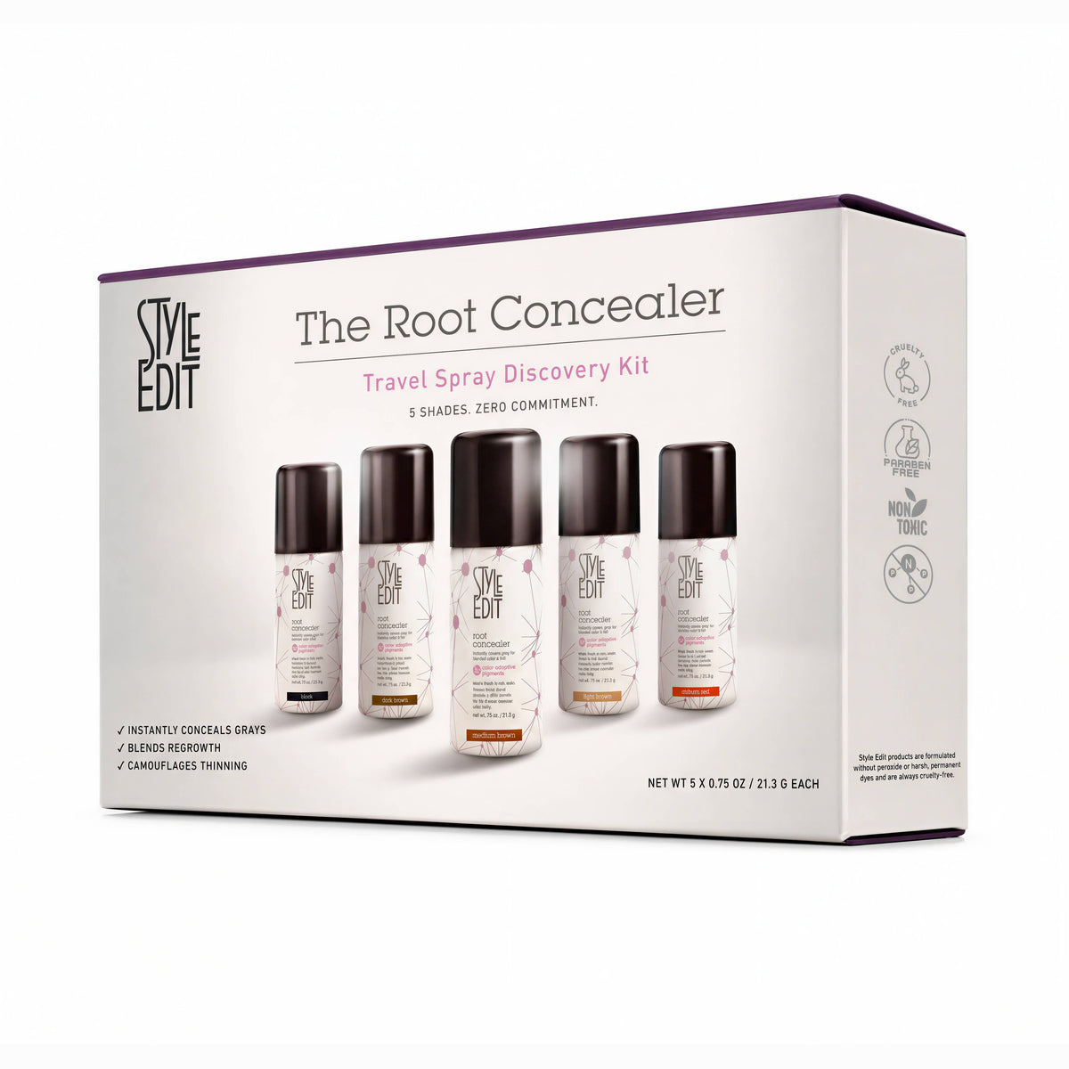 Style Edit Root Concealer travel spray discovery kit box with five sprays, The Pixie Garden