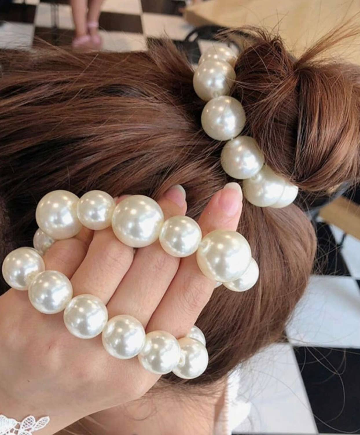 Chunky pearl hair tie stretchy faux pearl bracelet salon-selected The Pixie Garden