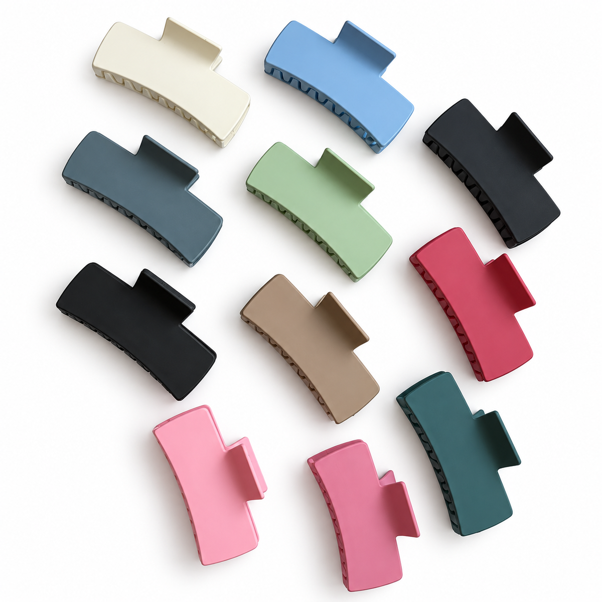Twelve solid matte rectangle claw clips in cream, light blue, grey, sage green, black, tan, rose red, pink and dark green, The Pixie Garden