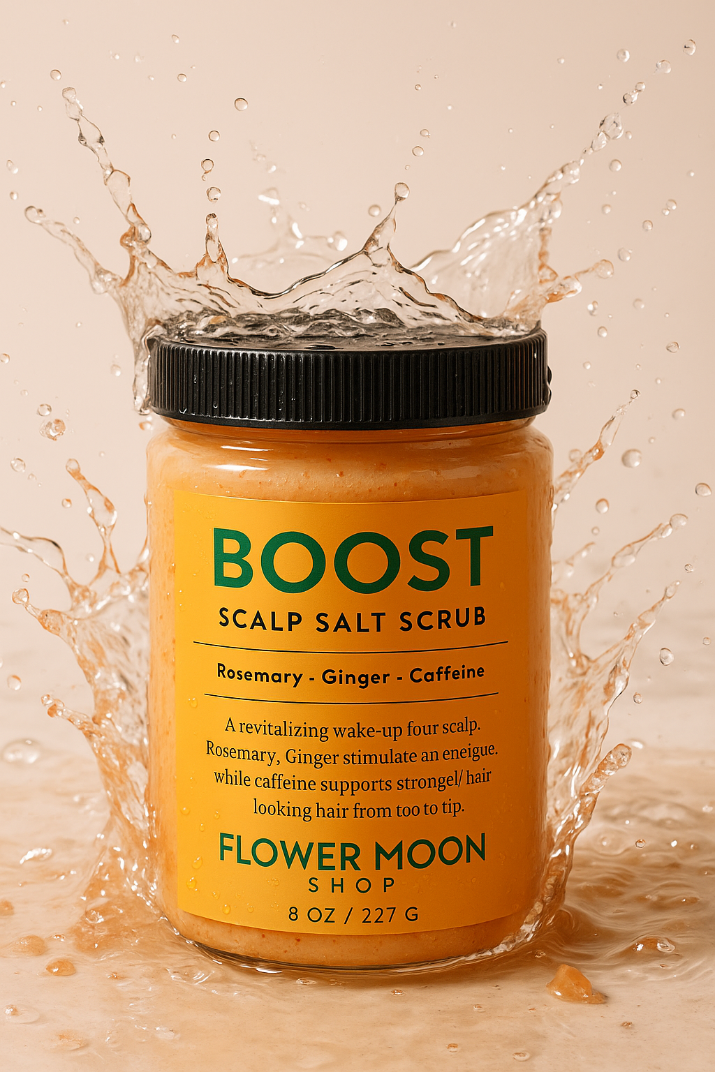 Jar of 'Boost Scalp Salt Scrub' with water splashes on a beige background