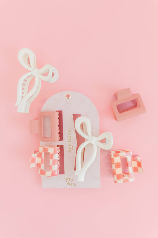 Pink checker and bow claw clip set of 3 salon-selected The Pixie Garden