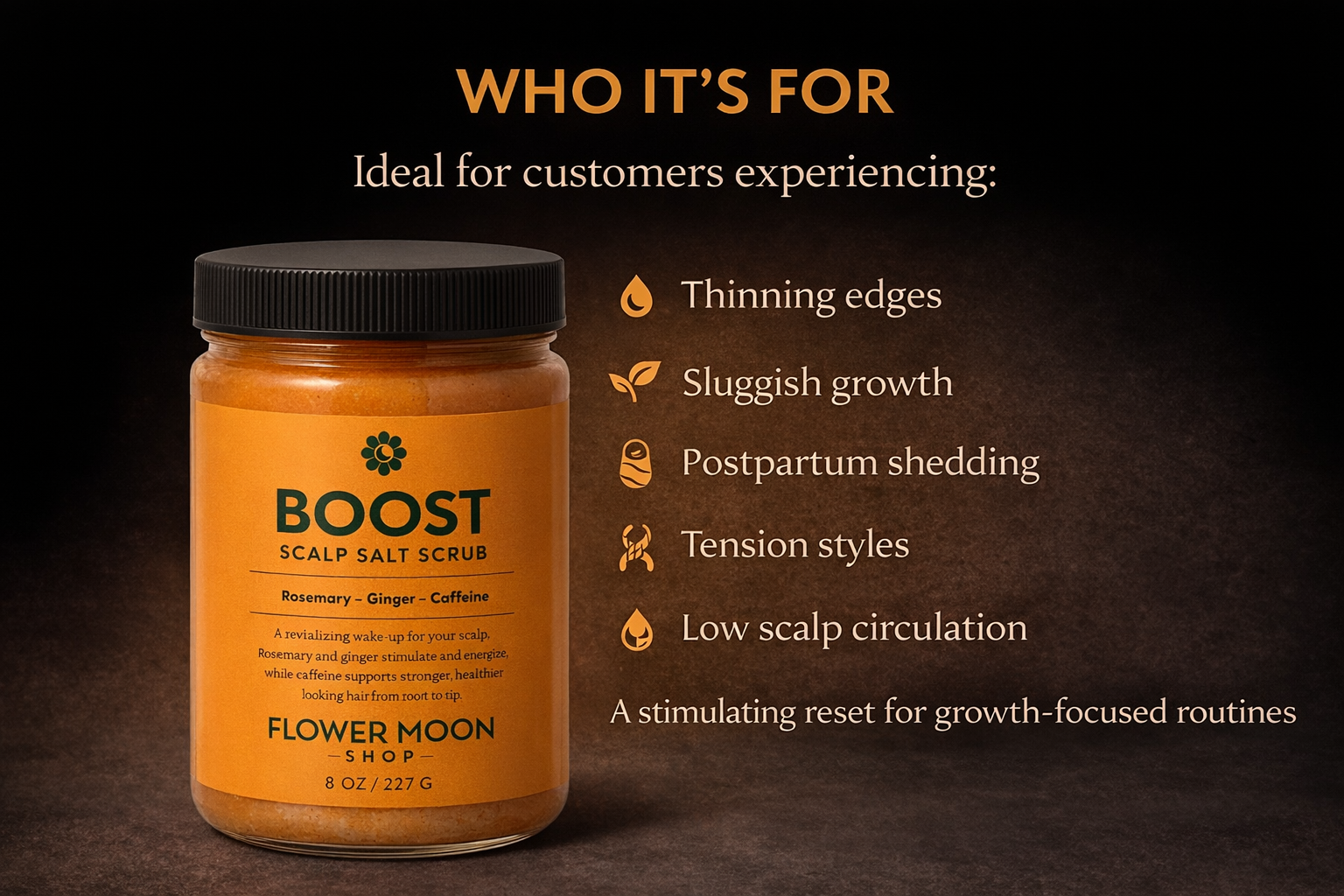 Orange jar of 'Boost' scalp salt scrub with text on a dark background