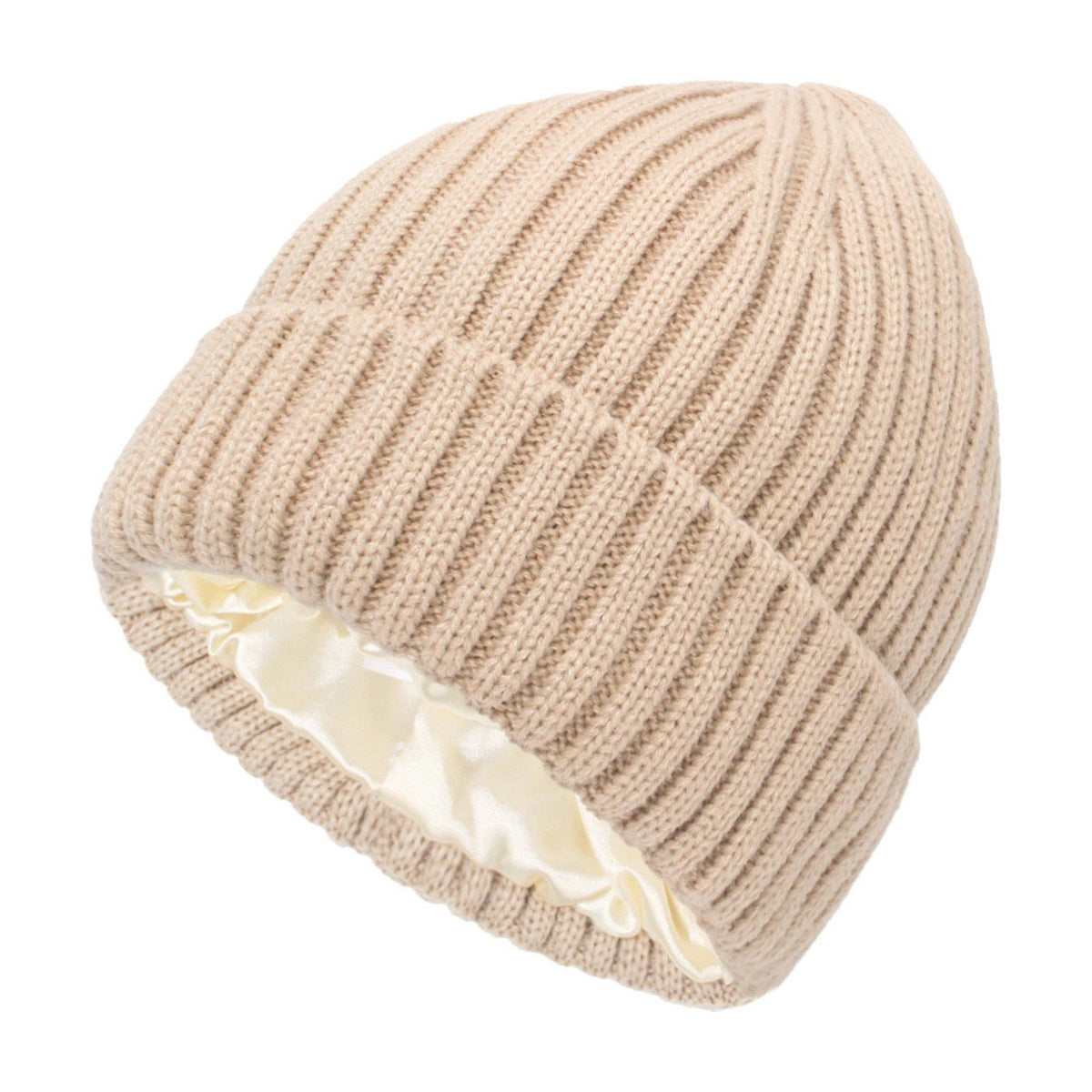 Khaki ribbed knit beanie with folded cuff and satin lining showing, The Pixie Garden