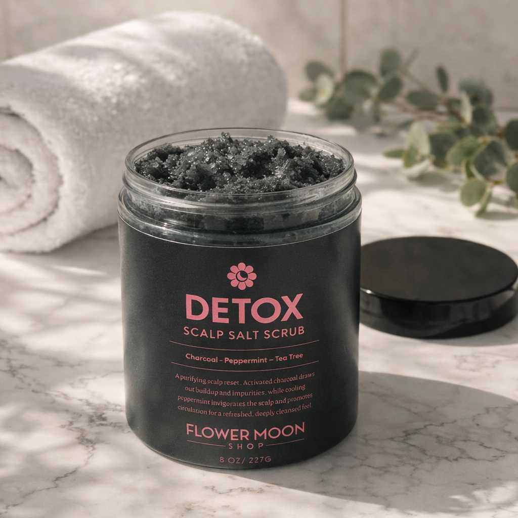 Jar of Detox Scalp Salt Scrub with 'Flower Moon Spa' branding on a marble surface.