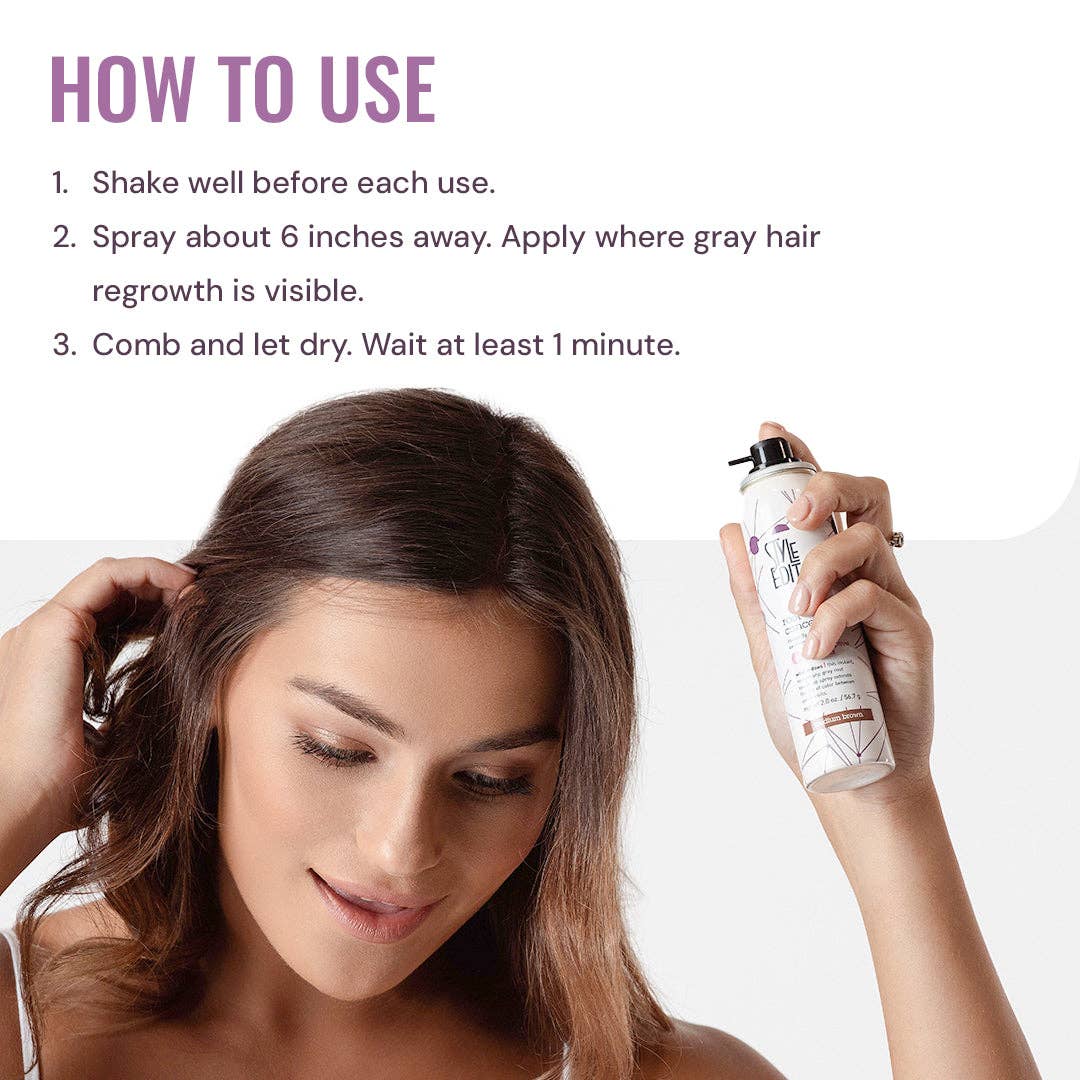How-to steps for using root concealer spray on the part