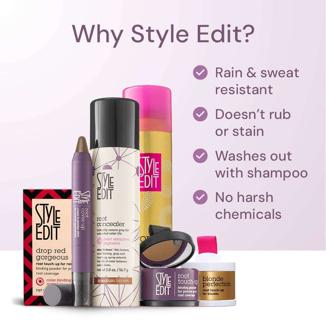 Style Edit root cover-up product lineup with benefit callouts