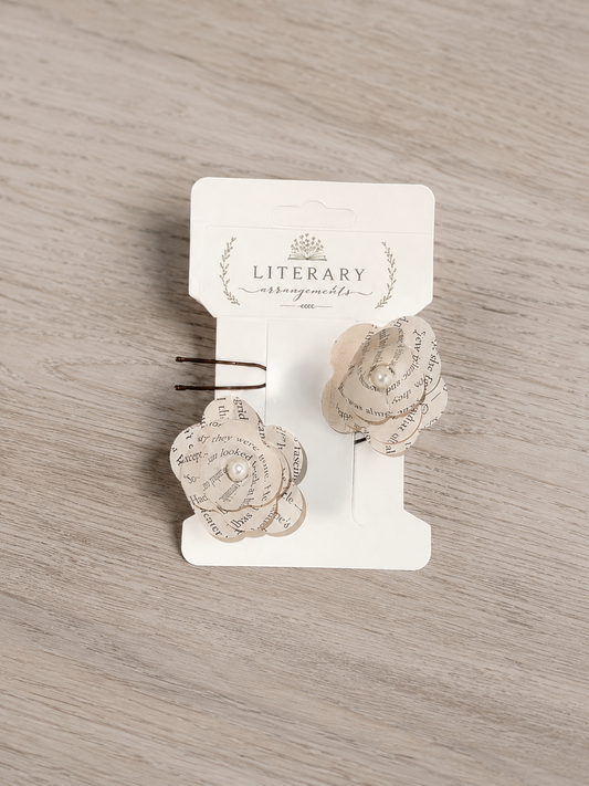 Set of two handmade book page flower hair pins with faux pearl centers, crafted from reclaimed book pages | The Pixie Garden