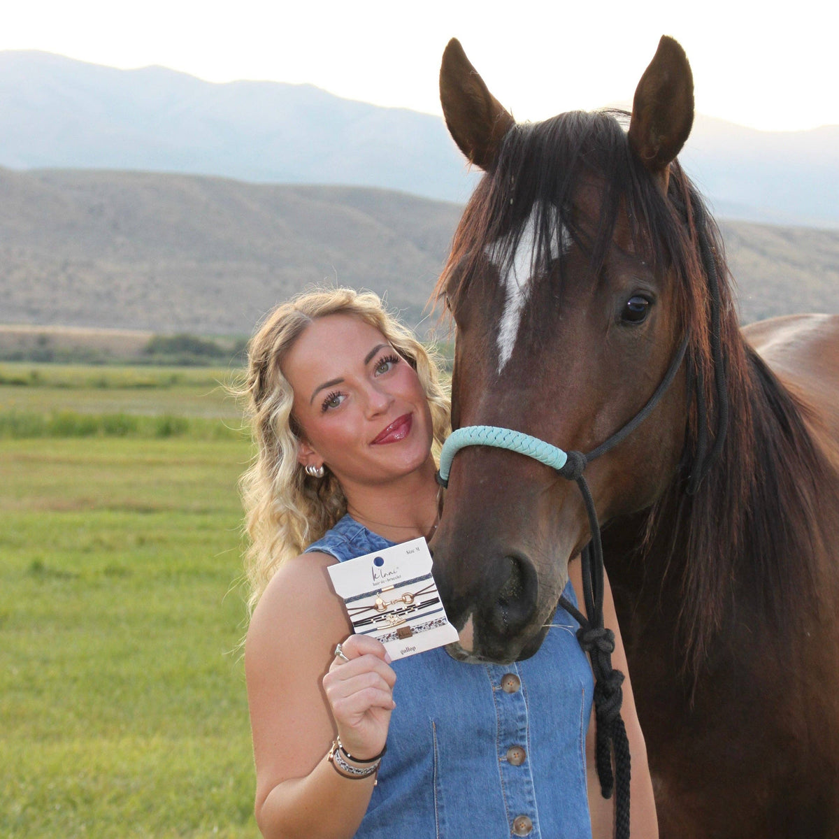 "Gallop" Horse & Bit Equestrian Accents in Rich Brown & Blue Hair Tie Bracelets: Small