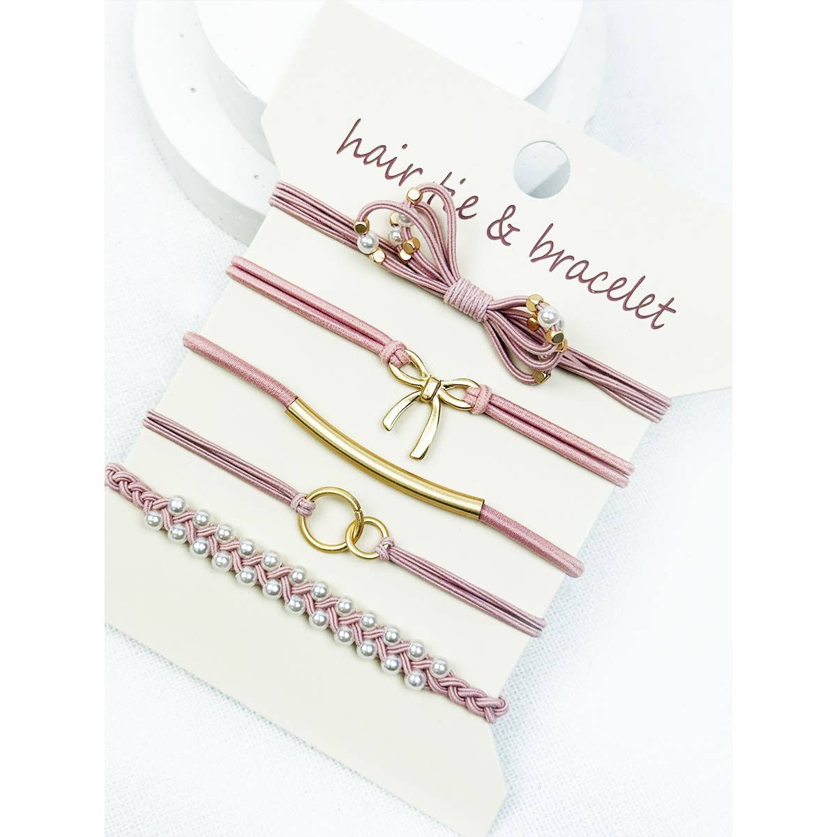 Boho dusty pink bow hair tie bracelets salon-selected The Pixie Garden