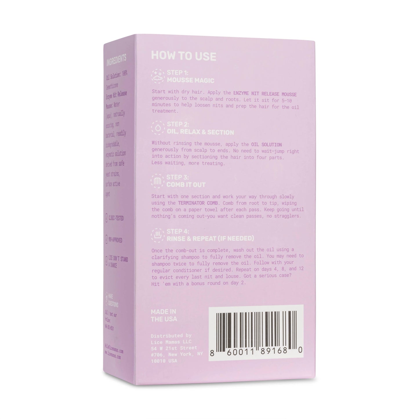 Lice Mamas lice treatment kit packaging dimethicone pesticide-free lice removal details