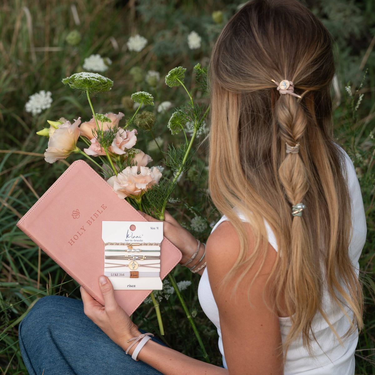 "Risen" Warm Neutrals with Gold Christus Hair Tie Bracelets: Small