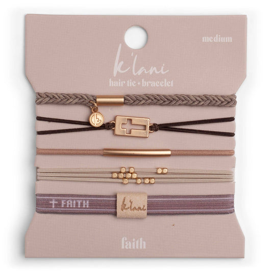 Faith hair tie bracelet set on its K'lani card, five tan and brown bands with gold beads and a gold cross charm