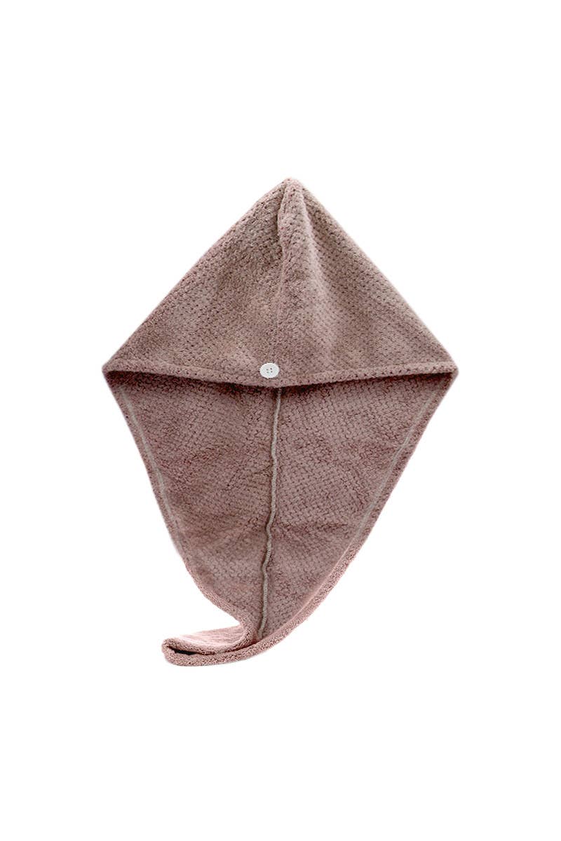 Anti-frizz nude microfiber hair turban worn after washing, salon-selected