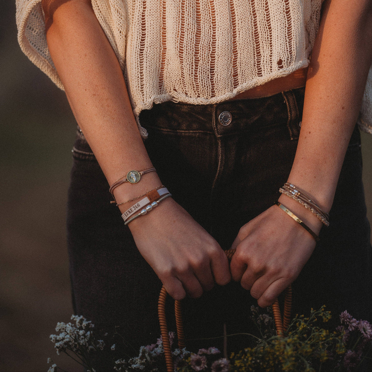 "Risen" Warm Neutrals with Gold Christus Hair Tie Bracelets: Small
