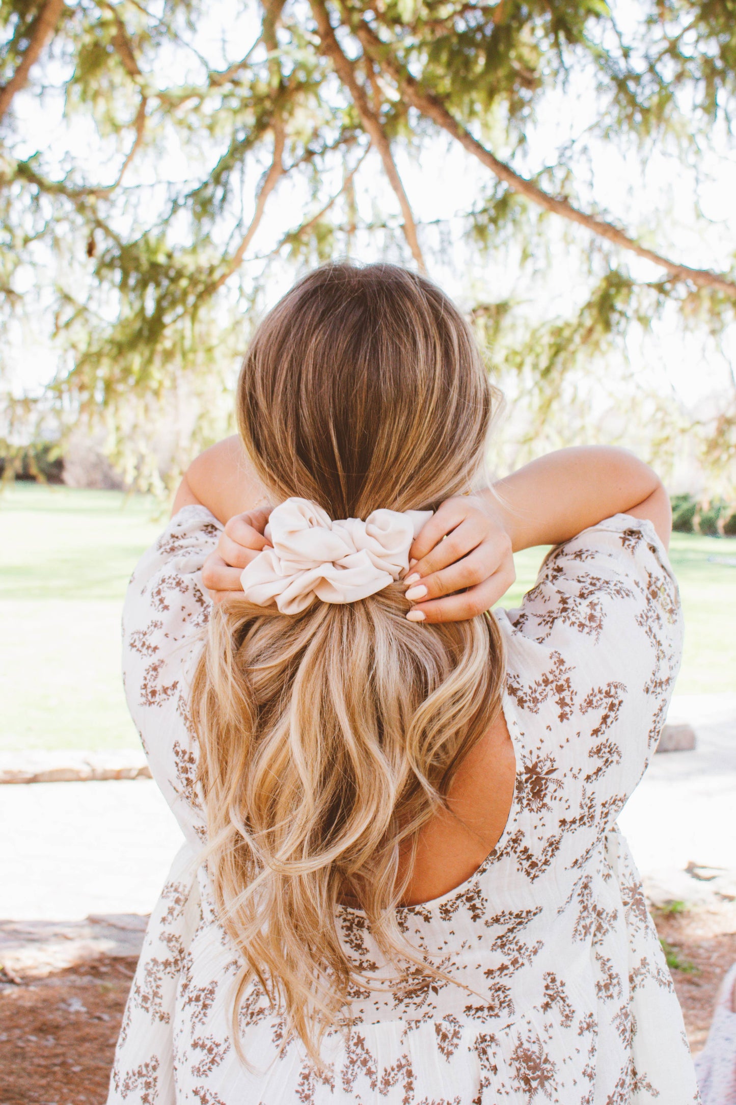 Oat milk jumbo scrunchie lifestyle shot salon-selected soft hair tie The Pixie Garden