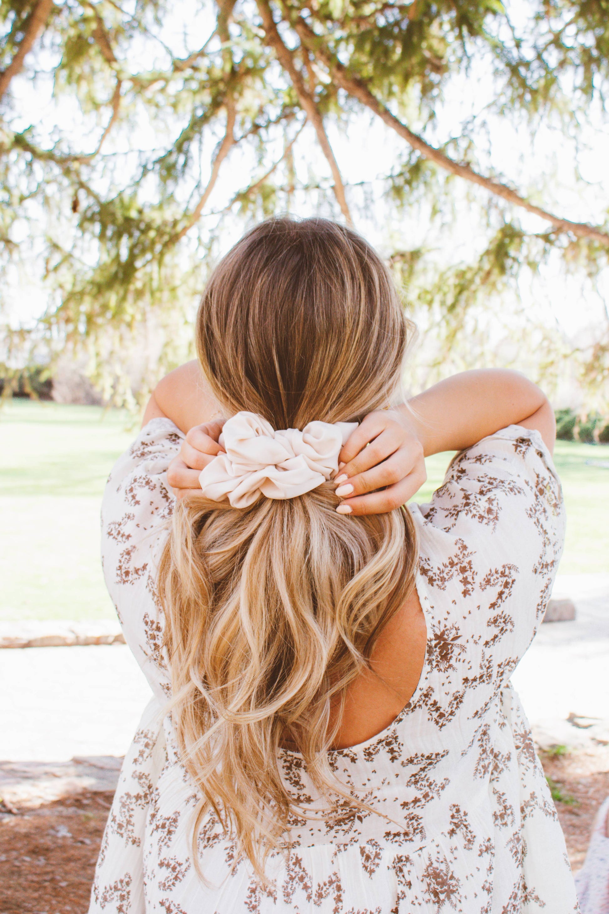 Oat milk jumbo scrunchie lifestyle shot salon-selected soft hair tie The Pixie Garden