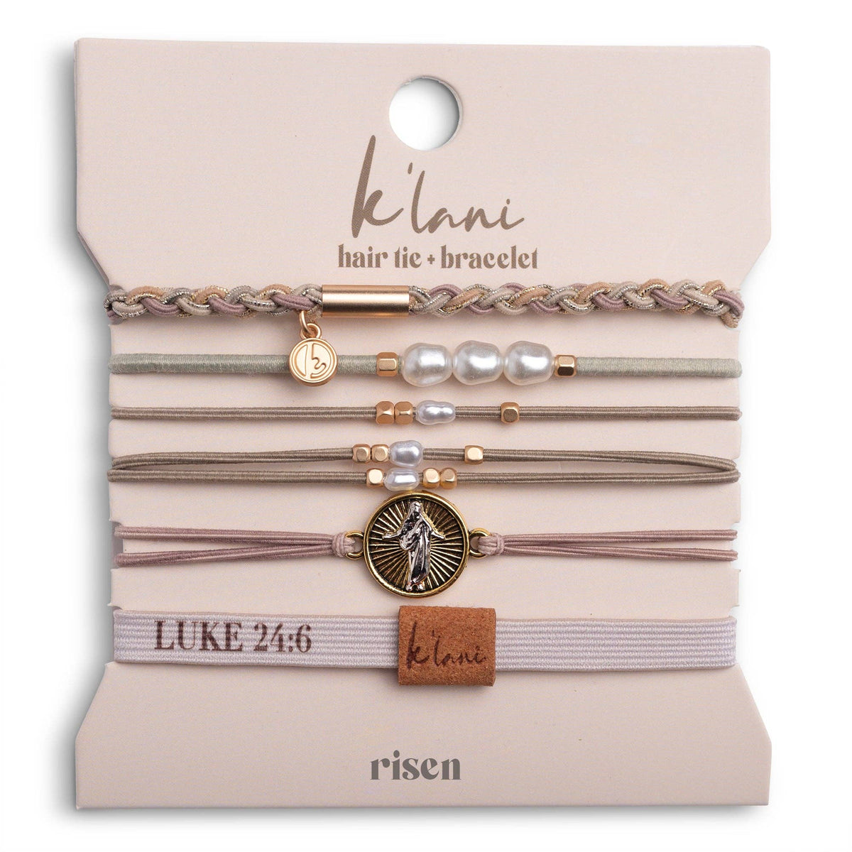 "Risen" Warm Neutrals with Gold Christus Hair Tie Bracelets: Small