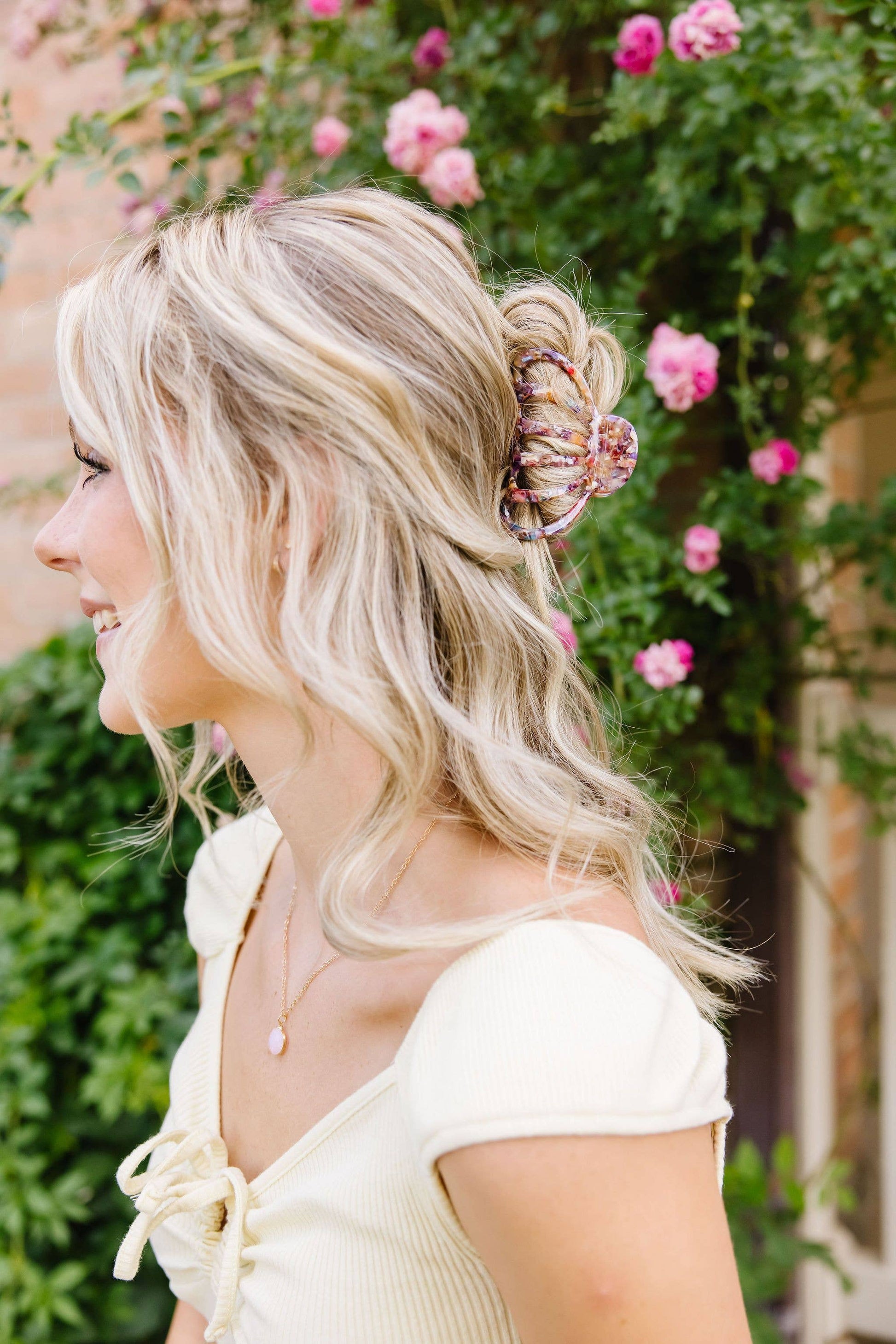 Carlisle claw clip worn in styled updo salon-selected The Pixie Garden
