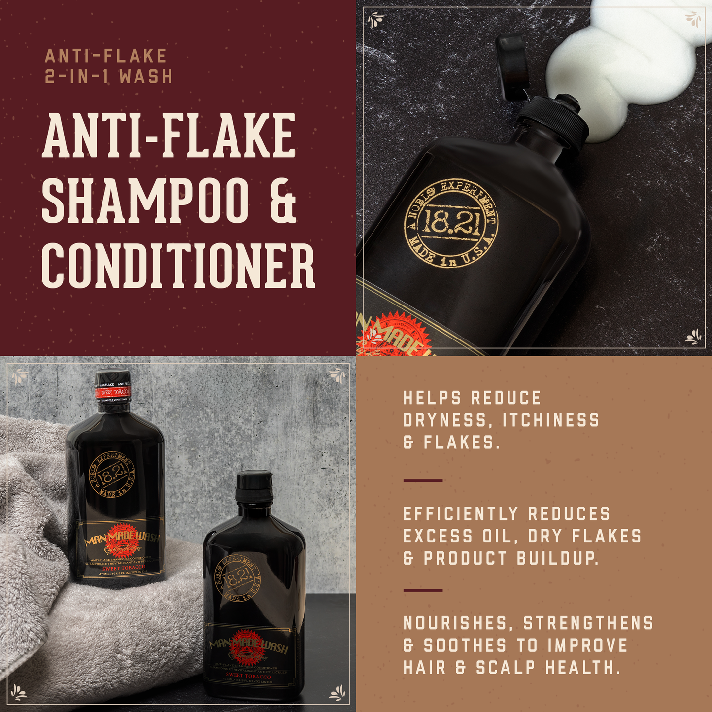 Advertisement for 1821 Anti-Flake Shampoo & Conditioner with product images and text on a brown background.
