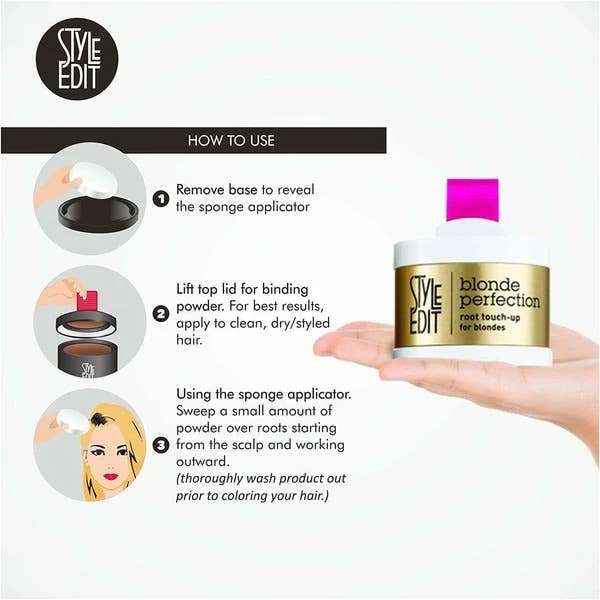How-to steps for applying Blonde Perfection root touch-up with the built-in sponge