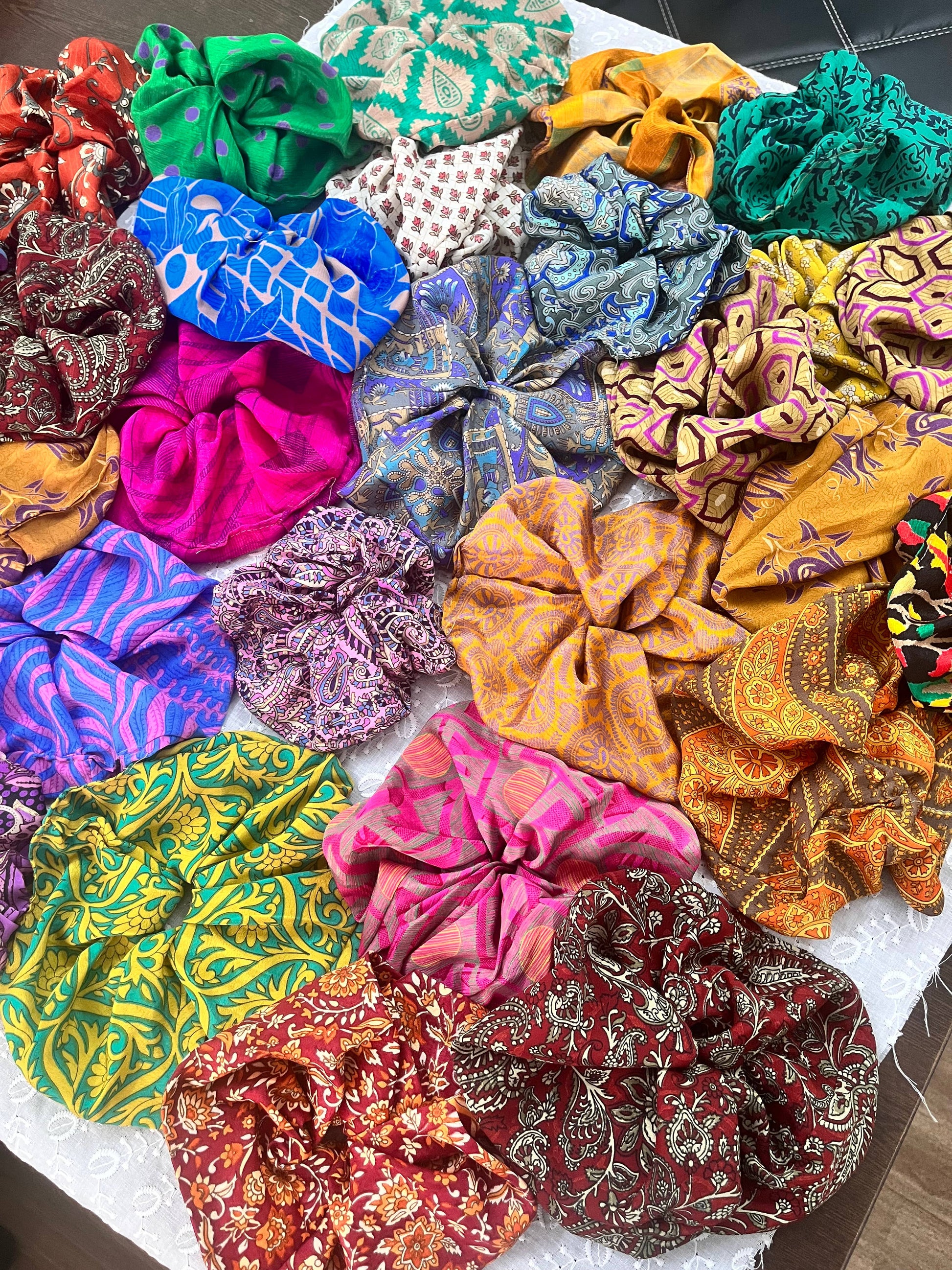 Assorted handmade vintage silk scrunchies, sustainable hair tie, The Pixie Garden