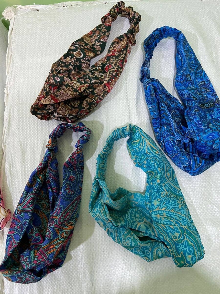 Upcycled sari silk hair tie, packaging view, The Pixie Garden