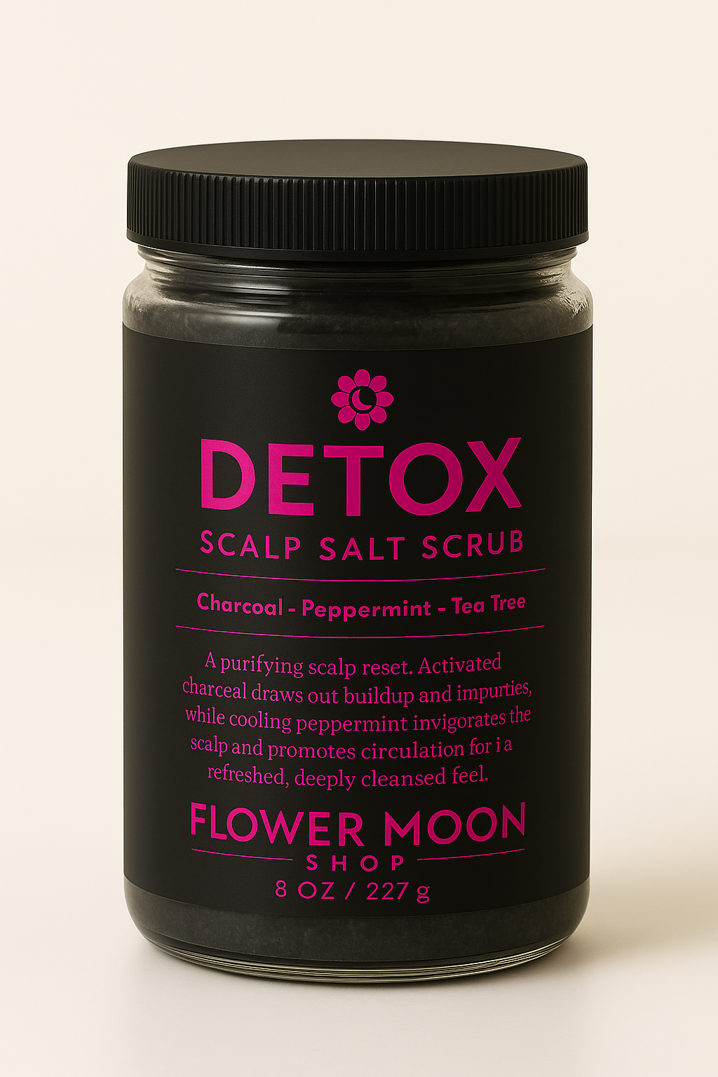 Jar of Detox Scalp Salt Scrub from Flower Moon Shop on a beige background
