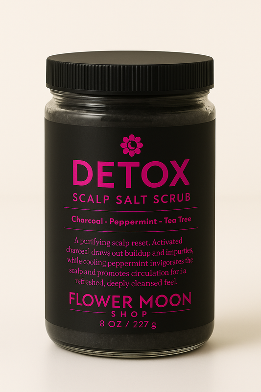 Jar of Detox Scalp Salt Scrub from Flower Moon Shop on a beige background