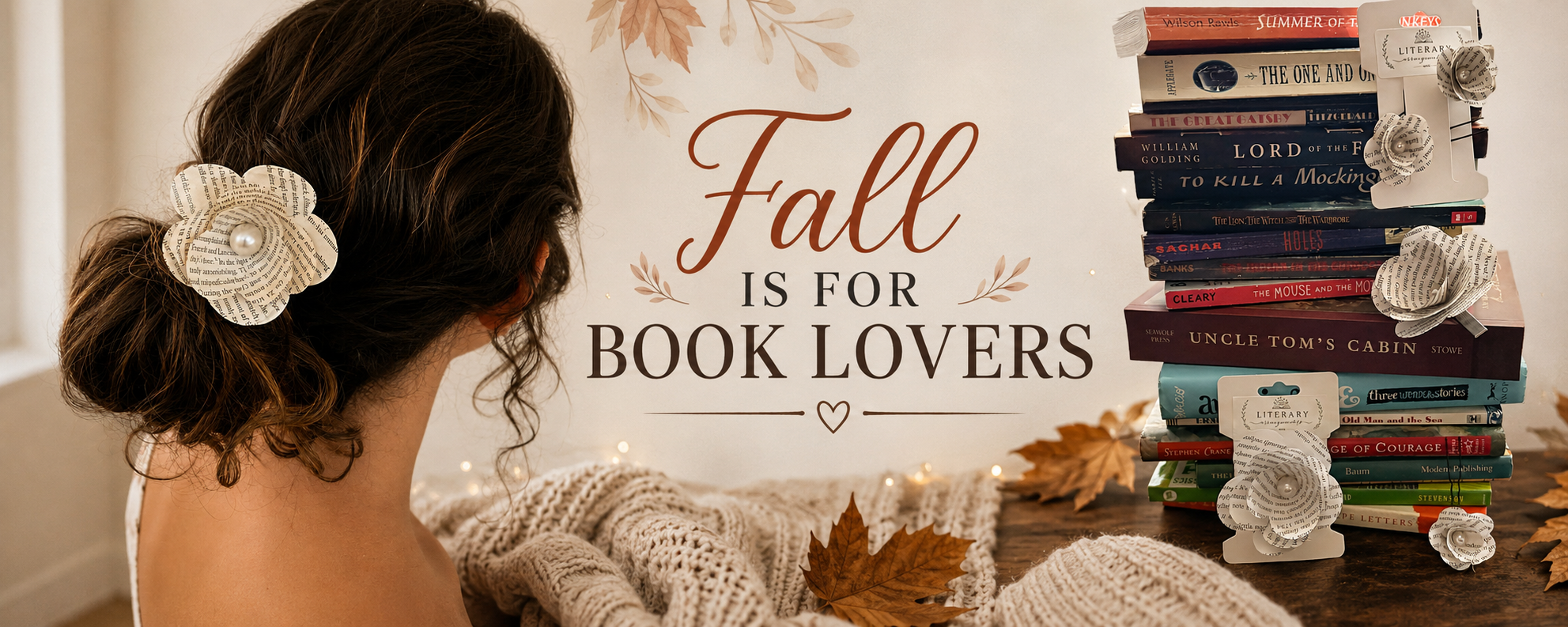 Handmade book page flower hair clips and pins styled in a low bun, Fall is for Book Lovers seasonal collection from The Pixie Garden