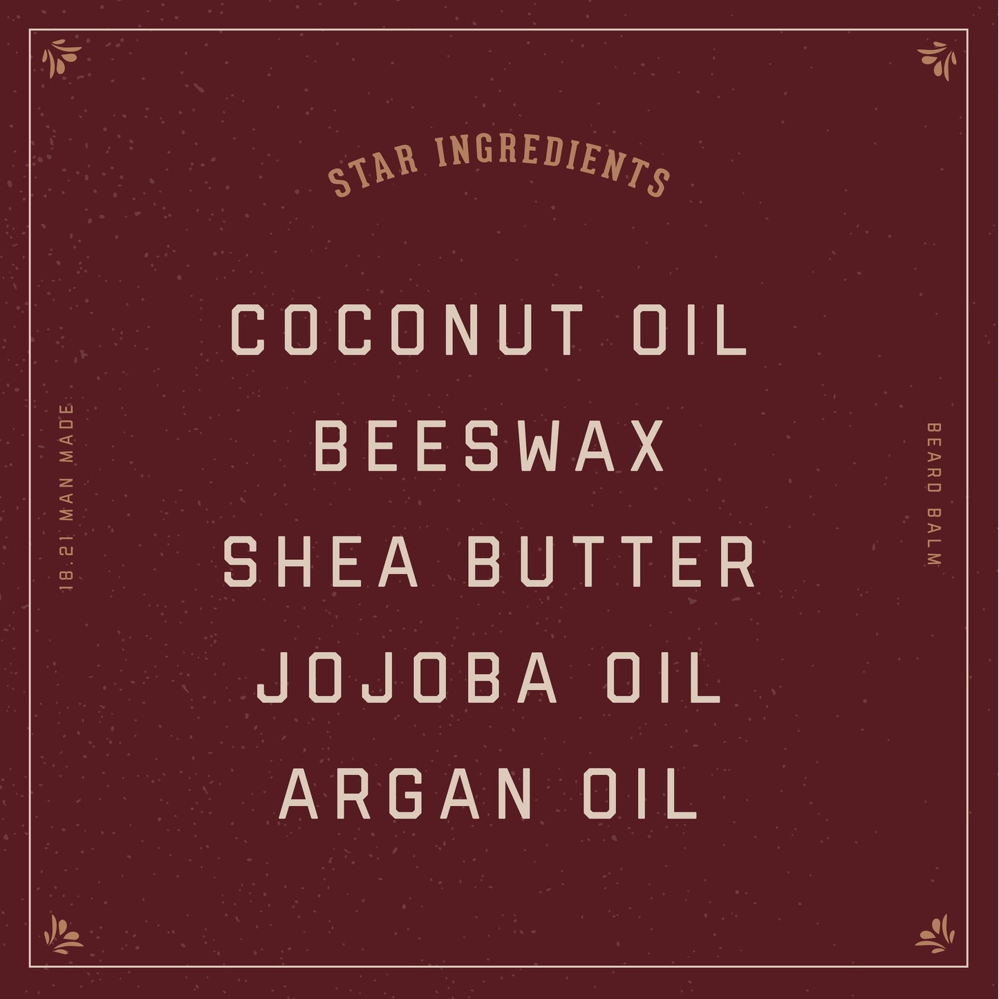 List of star ingredients for a beard balm on a maroon background