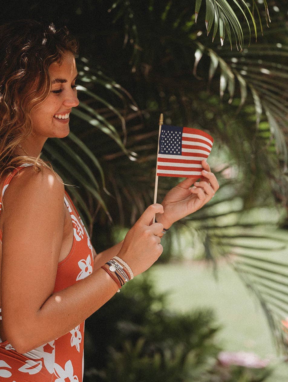 Five-piece red white and blue patriotic hair tie bracelet set The Pixie Garden