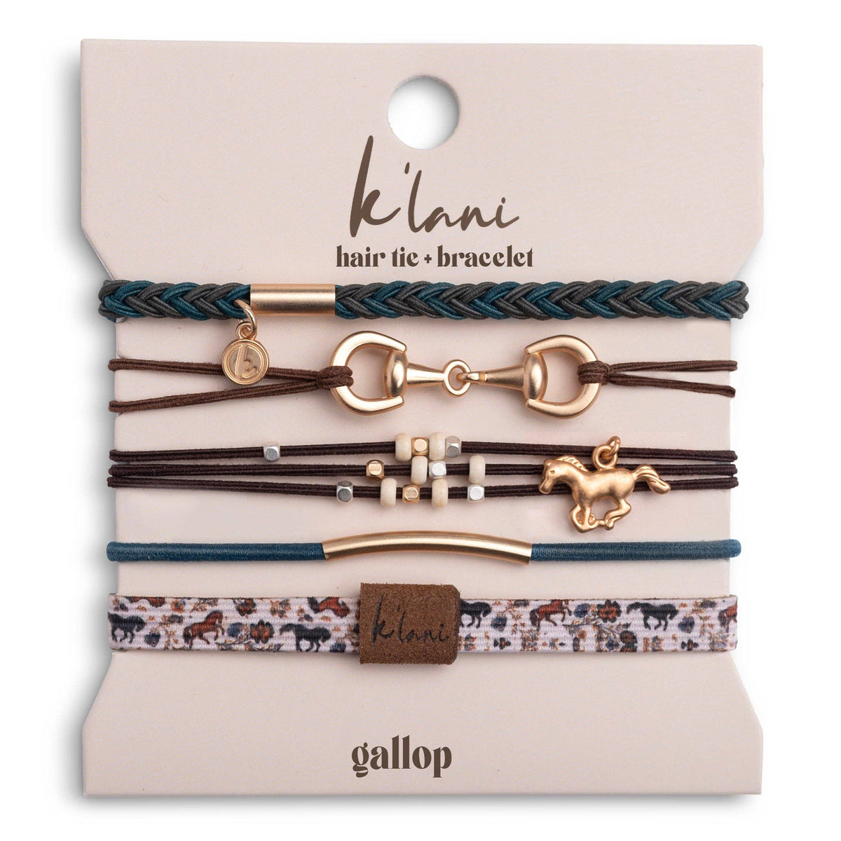 "Gallop" Horse & Bit Equestrian Accents in Rich Brown & Blue Hair Tie Bracelets: Small