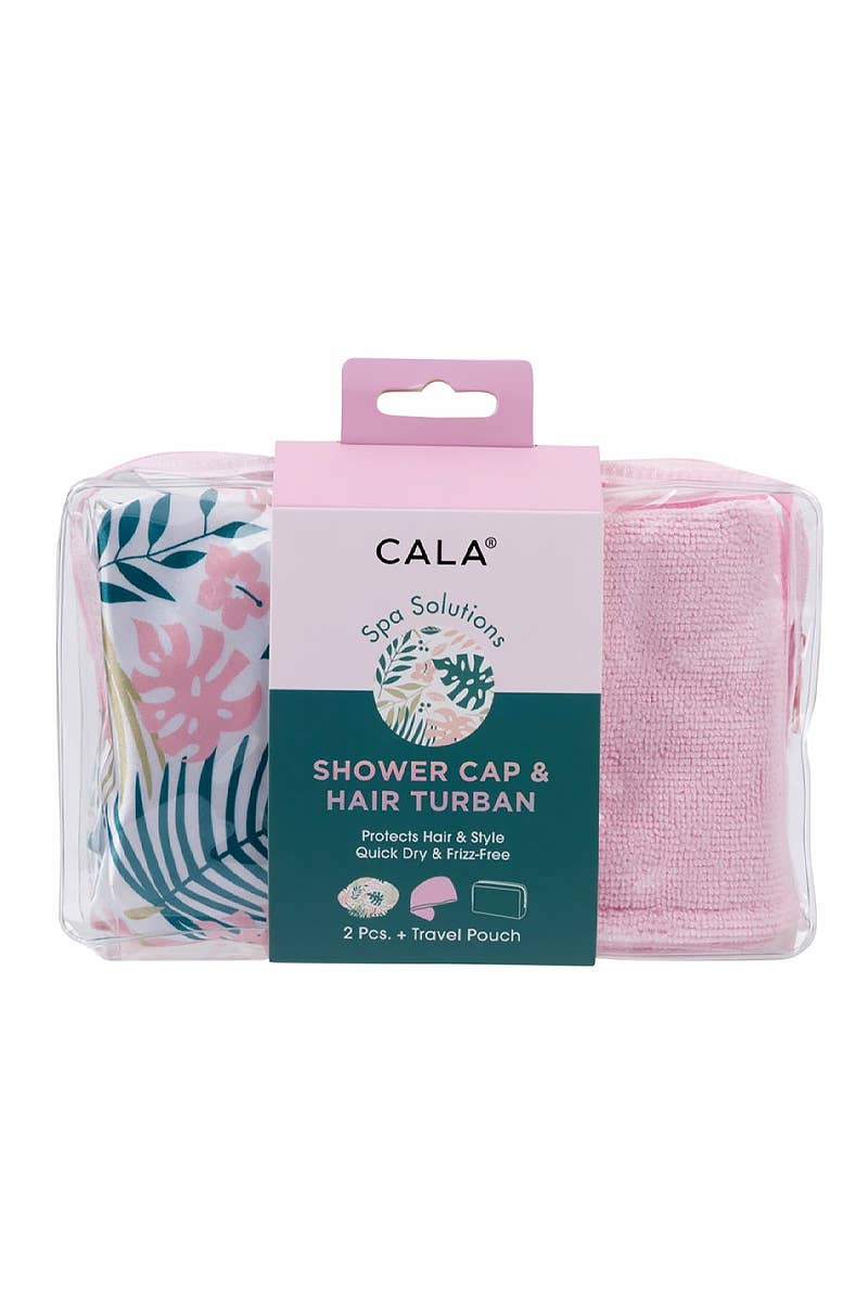 Palm print shower cap and microfiber hair turban set with pouch, salon-selected by The Pixie Garden