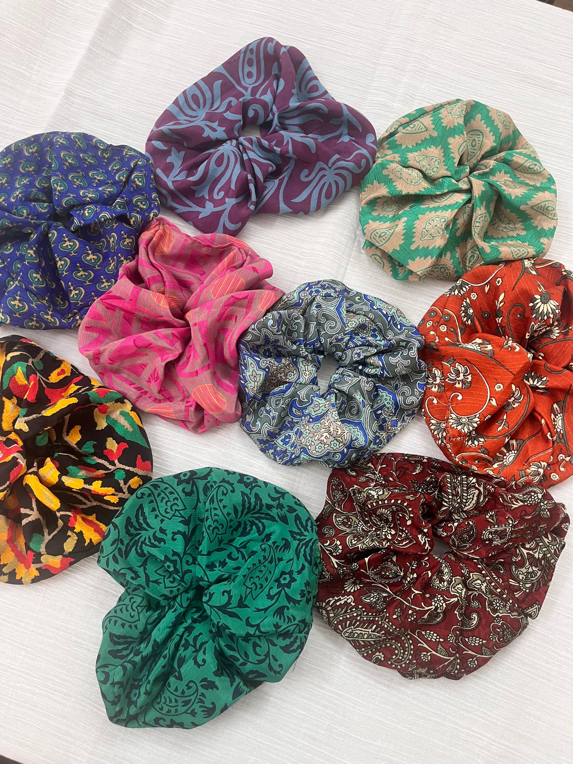 Upcycled vintage silk scrunchie in assorted boho print, handmade, salon-selected by The Pixie Garden