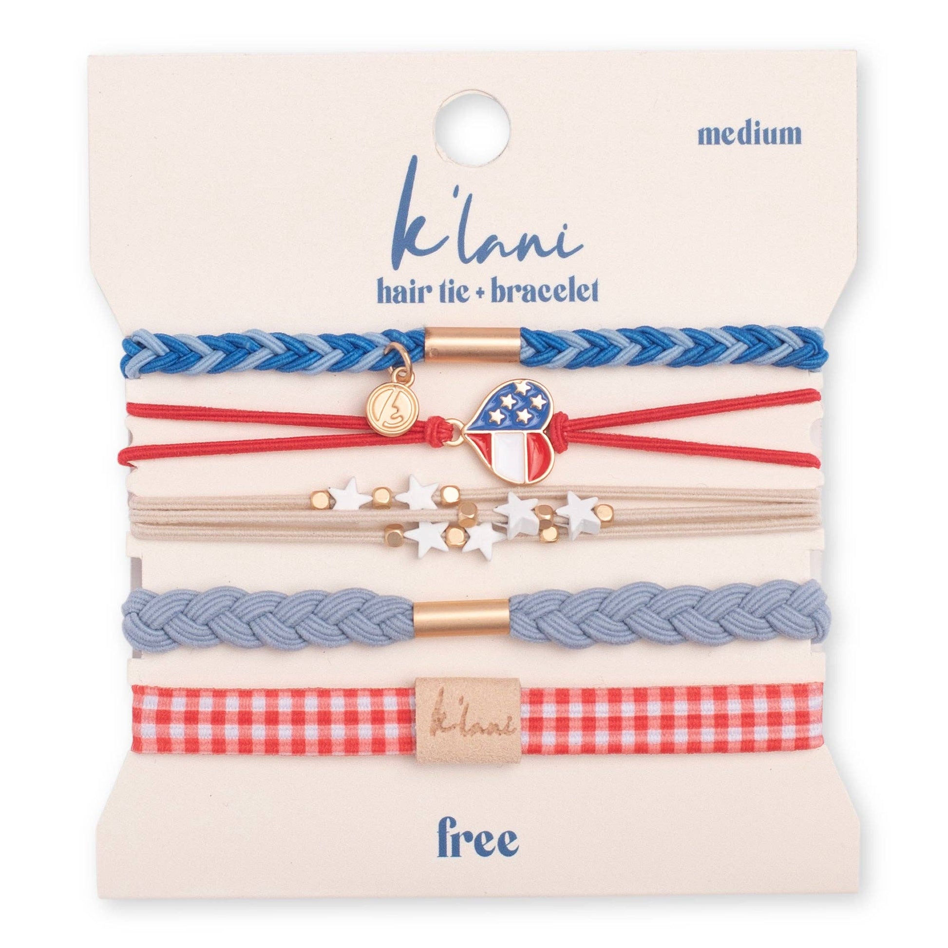 Free patriotic hair tie bracelet set in red white and blue gingham The Pixie Garden