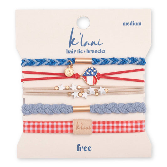 Free patriotic hair tie bracelet set in red white and blue gingham The Pixie Garden