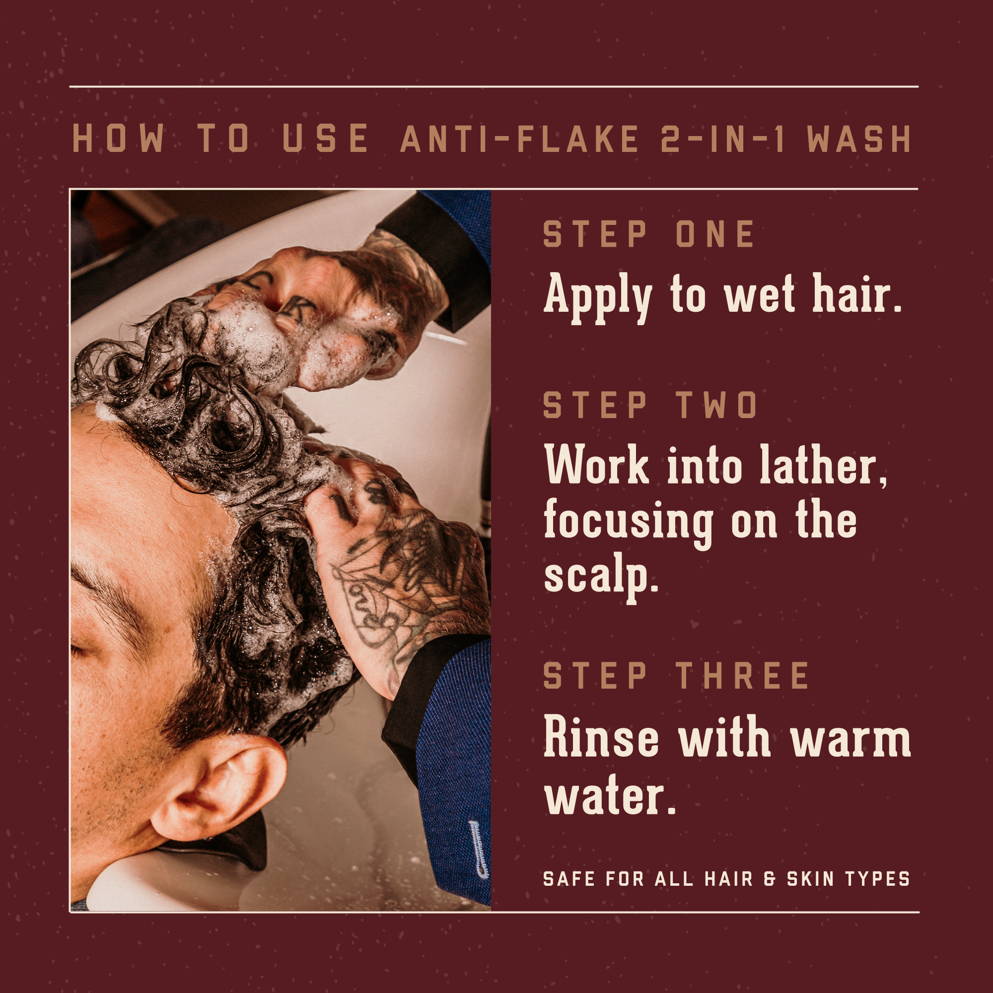 Instructions on how to use anti-flake 2-in-1 wash with a person applying the product to their hair.