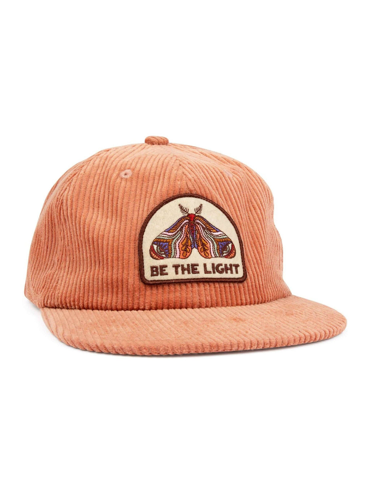 Front product view of the Be The Light salmon pink corduroy cap with its woven camp-scene patch