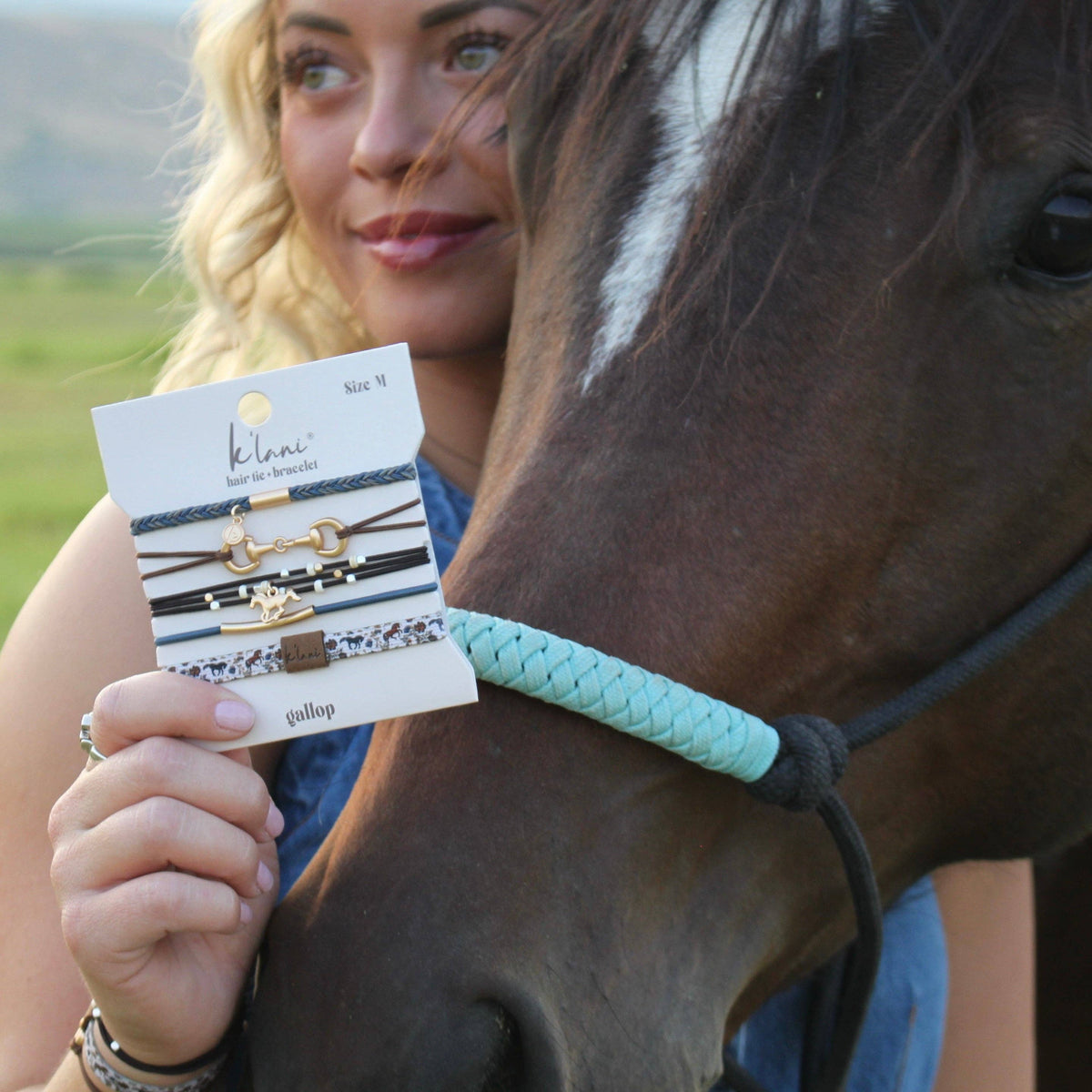 "Gallop" Horse & Bit Equestrian Accents in Rich Brown & Blue Hair Tie Bracelets: Small